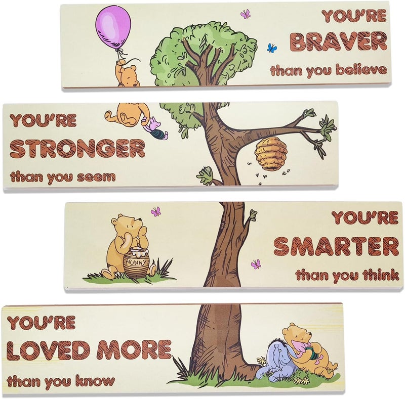 PAMBO Winnie Bear Baby Shower Decorations, 4-Panel Wooden Nursery Decor Room Inspirational Wall Art, Motivational Quote Signs - Image 1